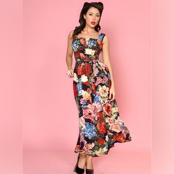 Vintage Palazzo Style Red Tank Top Swing Floral Print Midi Dress - Picture 3 of 11